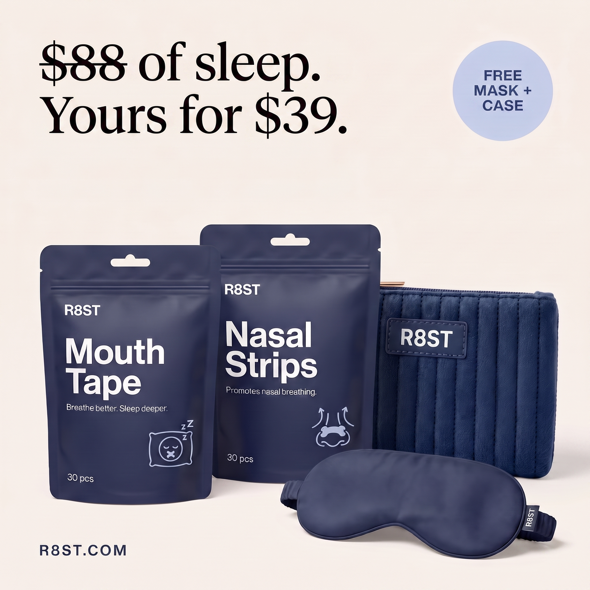 R8ST Sleep Kit — Mouth Tape + Nasal Strips, 30 Nights | Free Sleep Mask & Travel Case